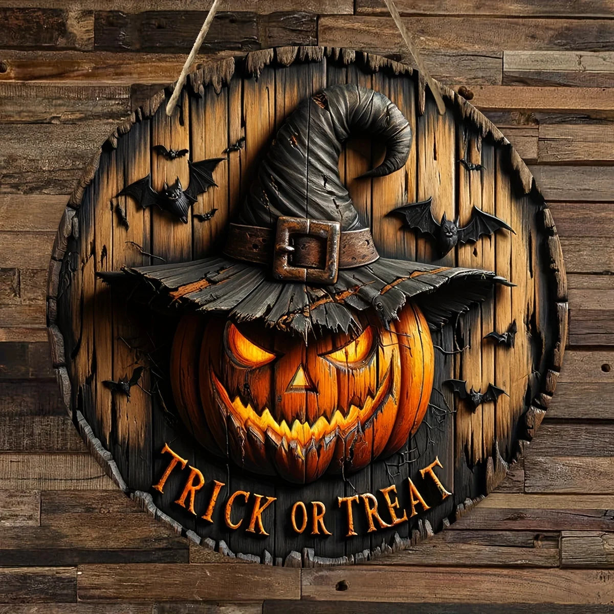 Wooden Wreath - Vintage Witch Pumpkin Head